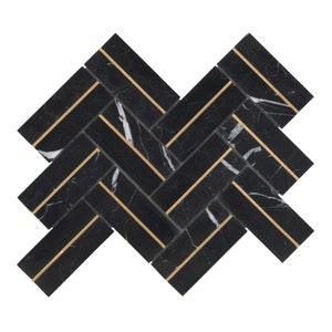 Modket Black Marble Stone Gold Aluminum Trim Inlay Herringbone Modern Mosaic Tile Backsplash Kitchen Wall TDH602 (0.70 sq/ft)