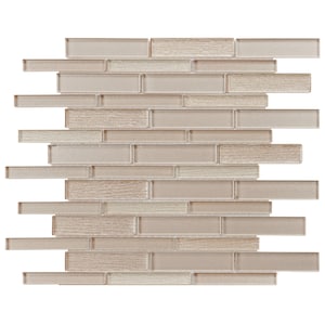 May include: A beige glass tile mosaic with a wood-like texture. The tiles are arranged in a staggered pattern, creating a modern and stylish look.