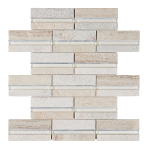 May include: A beige and white mosaic tile sheet with a linear pattern of glass accents. The tiles are arranged in a staggered brick pattern.