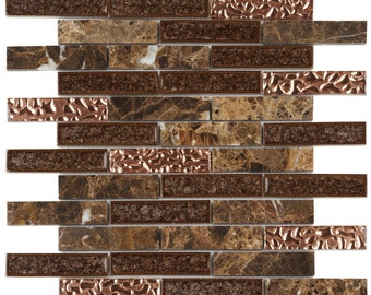 Dark Brown Marble & Rose Gold Crackle Glass Brick Mosaic Tile