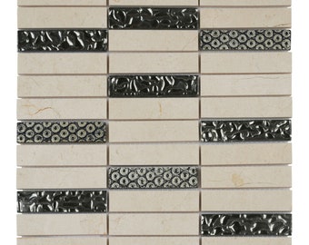 Crema Marfil Marble Mosaic Tile: Beige Stone & Art Deco Glass