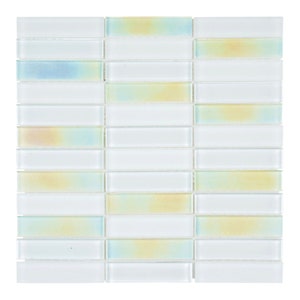 Iridescent White Glass Mosaic Tile: Modern Stacked Backsplash