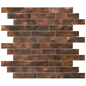May include: A close-up of a brick-shaped mosaic tile sheet with a copper finish. The tiles are arranged in a staggered pattern, creating a brick-like effect. The copper finish has a rustic, aged look, with variations in color and texture.