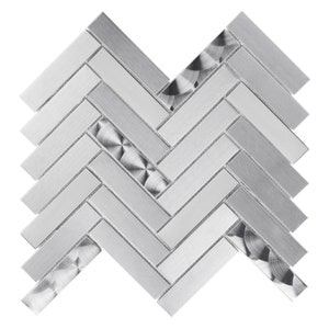 May include: Brushed silver metal tile arranged in a herringbone pattern. The tile features rectangular pieces with a brushed finish, interspersed with circular patterned accents. The design is modern and geometric, suitable for various interior applications.