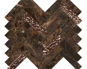 Dark Brown Marble Herringbone Mosaic Tile: Rose Gold Glass Inlay