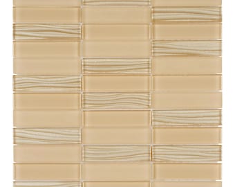 Beige Cream Glass Mosaic Tile: Metallic Wave Stacked Backsplash