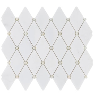 May include: White marble tile sheet with a diamond pattern. Each diamond is connected by thin lines and small, round accents. The tile has a polished finish and is suitable for various design applications.