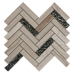 May include: Beige marble tile mosaic with black glass accents in a herringbone pattern.