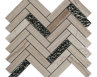 Gray Marble Herringbone Mosaic Tile: Silver Glass Insert Backsplash