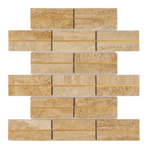 May include: A beige and gold mosaic tile sheet with a linear pattern. The tiles are arranged in a staggered pattern, creating a brick-like effect. The gold accents add a touch of elegance to the design.