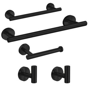 May include: A set of five black bathroom accessories, including two towel bars, a toilet paper holder, and two robe hooks.