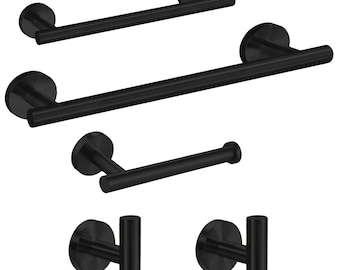 Modern Bathroom 5 Piece Hardware Set Towel Bar Toilet Paper Holder Wall Mounted Hook Matte Black 304 Stainless Steel