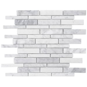 May include: White marble mosaic tile sheet with a staggered brick pattern. The tiles are rectangular and have a light gray veining.