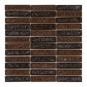 May include: A sheet of brown and black glass mosaic tiles. The tiles are rectangular and have a textured surface.