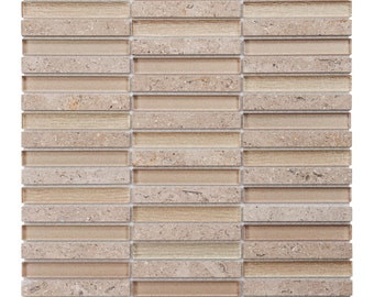 Tan Stone & Glass Mosaic Tile, Modern Stacked Backsplash