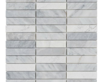 White Carrara Marble Mosaic Tile: Modern Stacked Texture Backsplash