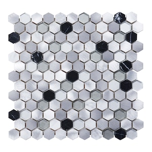 May include: A sheet of gray and black hexagonal mosaic tiles. The tiles have a brushed metal finish and are arranged in a repeating pattern.