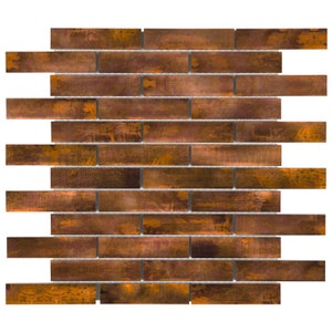 May include: A mosaic tile sheet featuring a brick pattern. The tiles are rectangular and have a distressed, metallic copper finish with variations in color. The grout lines are a light gray. The overall effect is a rustic, industrial aesthetic.