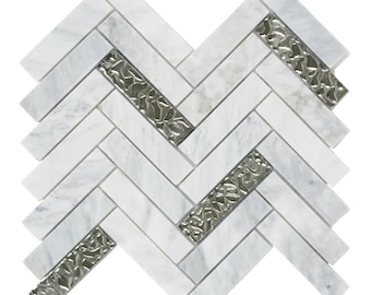 Carrara Marble Herringbone Mosaic Tile with Silver Glass