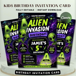 May include: A set of three birthday invitation cards with an alien invasion theme. The cards feature green aliens, flying saucers, and the text "Alien Invasion Birthday!" The invitation includes event details and RSVP information.