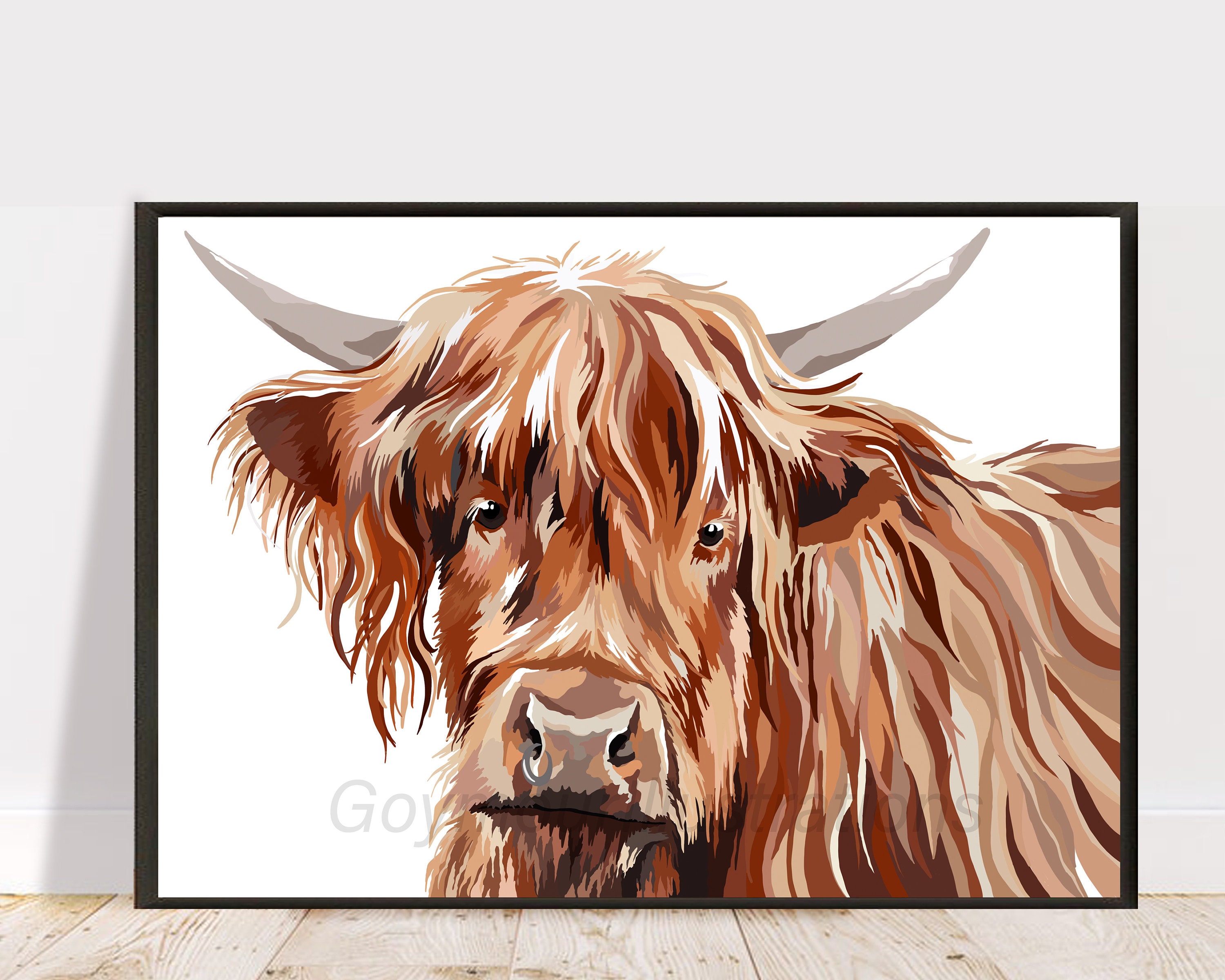 Brown Highland Cow Illustration print Cow wall art digital | Etsy