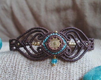 Bracelet Macrame Mandala Marron et Blanc - Perle de Verre et Laiton - Bijoux fait main et originale - Bijoux Boho - Psy Jewellery