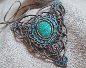 Colliers tissé en Macrame Gris et Bleu - Pierre Naturelle d’Amazonite Zebre - Collier Artisanal - Bijoux Unique - Psyjewellery