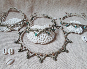 Braceler de Cheville en Macrame - Cordelette de lin, Perles de Bois et Pierres - Summer Jewellery - Bracelet Lithotherapy