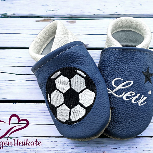 Crawling shoes with name (personalized leather slippers) with soccer football sport - baby, child, toddler - handmade gift