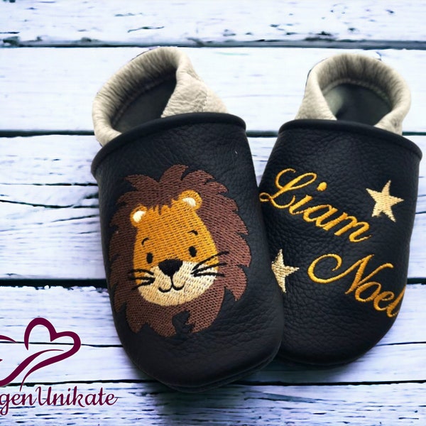 Scarpe per gattonare con nome (pantofole in pelle personalizzate) con leone - neonato, bambino, bambino piccolo - regalo fatto a mano