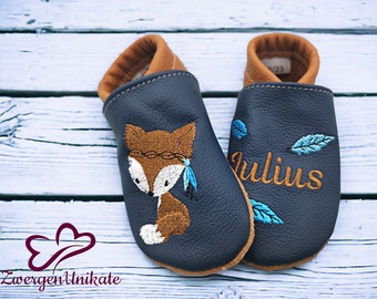 Krabbelschuhe mit Namen (personalisierte Lederpuschen) mit Fuchs - Baby, Kind, Kleinkind - Handmade Geschenk