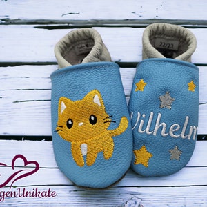 Crawling shoes with name (personalized leather slippers) with cat - baby, child, toddler - handmade gift