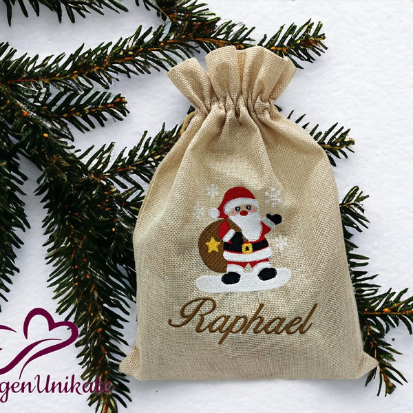 Bio Nikolaussackerl Jute Sackerl bestickt mit Namen (personalisiert) mit Weihnachtsmann mit Beutel