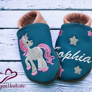 Crawling shoes with name (personalized leather slippers) with unicorn - baby, child, toddler - handmade gift