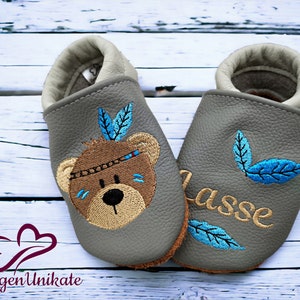 Crawling shoes with name (personalized leather slippers) with Indian bear - baby, child, toddler - handmade gift