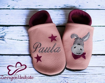 Krabbelschuhe mit Namen (personalisierte Lederpuschen) mit Esel - Baby, Kind, Kleinkind - Handmade Geschenk