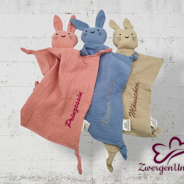 Cuddly blanket bunny embroidered with name made of muslin - personalized birth gift for baby girls and boys - cuddly blanket bunny