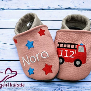 Crawling shoes with name (personalized leather slippers) with fire engine - baby, child, toddler - handmade gift