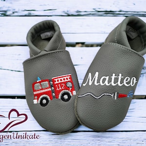 Crawling shoes with name (personalized leather slippers) with fire brigade new - baby, child, toddler - handmade gift