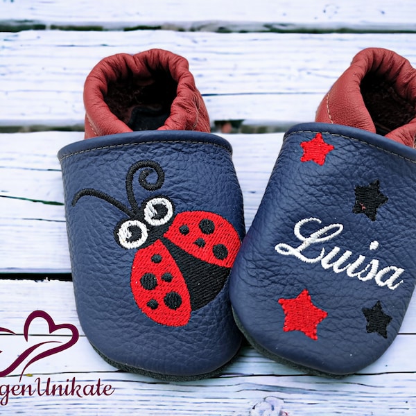 Krabbelschuhe Aus Leder Mit Namen Name Fuchs Sterne Baby Kindergarten Personalisiert Blau/grün