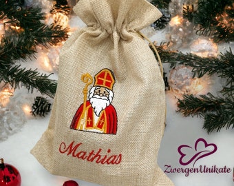 Bio Nikolaussackerl Jute Sackerl bestickt mit Namen (personalisiert) mit röm.-kath. Nikolaus