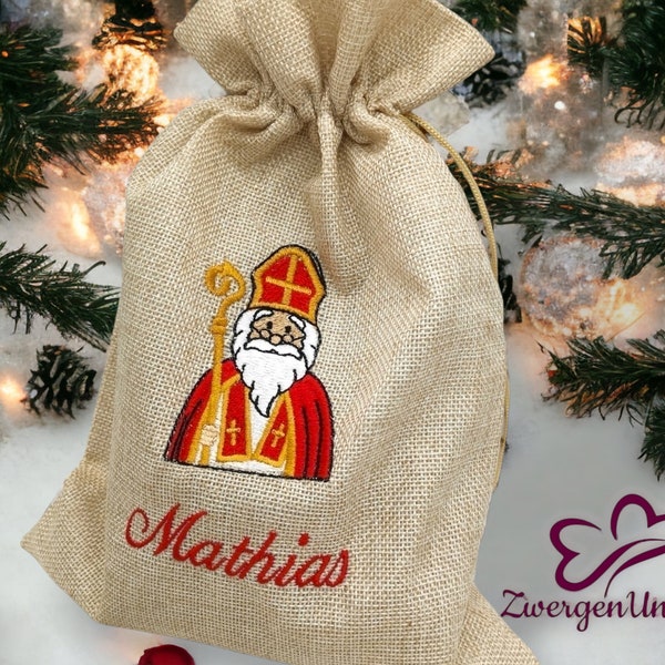 Bio Nikolaussackerl Jute Sackerl bestickt mit Namen (personalisiert) mit röm.-kath. Nikolaus