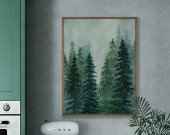 Watercolor art print misty pines in dark green