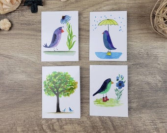 Whimsical Bird Card Set, Handmade Watercolor Blank Notecards with Envelopes, Folded Stationery Set of 12 Cards