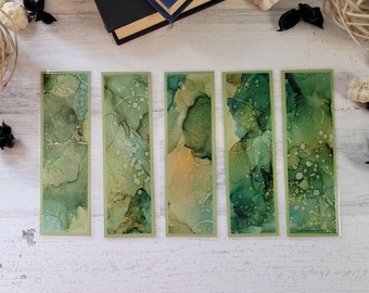 Green and Gold Alcohol Ink Bookmark: Handmade Laminated Fluid Art