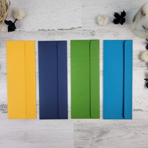 Handgemaakte envelop, 3 x 8", 76 x 203 mm, 65 lb karton in meerdere kleuren, zelfklevend en zuurvrij, aangepaste formaten beschikbaar