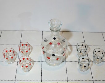 Vintage Clear Glass Barware Liquor Set made in France decorated with four aces, playing cards  to enjoy your vintage drink at home, barware