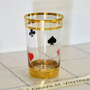 Vintage 1960's Clear Glass met Gold Rim versierd met vier azen, schattige speelkaarten barware glas perfect om te genieten van uw beste drankje thuis