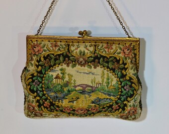Vintage Embroidered Coin Floral Purse with antique scenery and hammered gold color snap closure and Chain, made in France 1950s