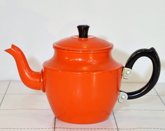 Vintage Orange Aluminum Teapot: French Kitchen Decor, Garden Planter